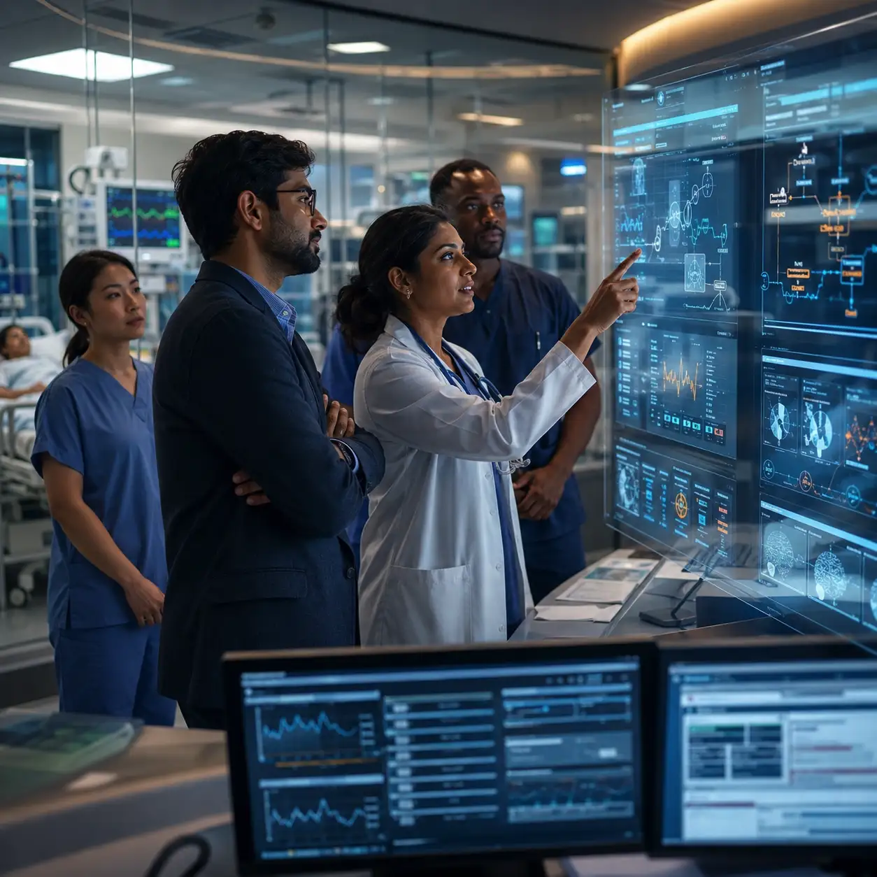 Healthcare technology workers collaborating around AI engineering and hospital operations