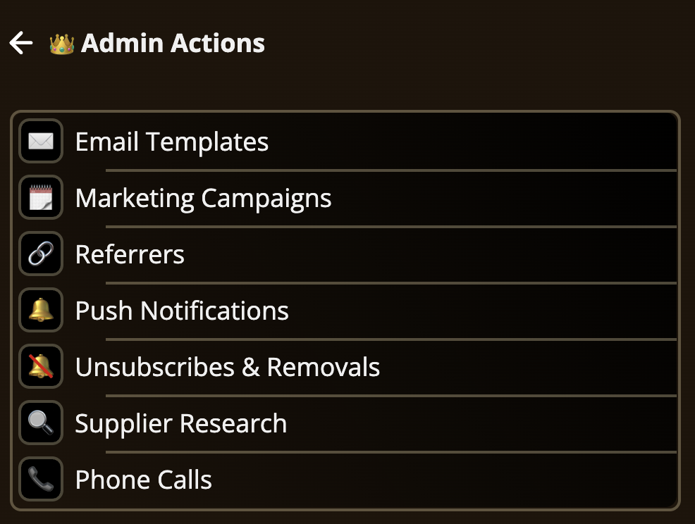 Landscape Supply admin actions screen showing Email Templates, Marketing Campaigns, Referrers, Push Notifications, Unsubscribes and Removals, Supplier Research, and Phone Calls.