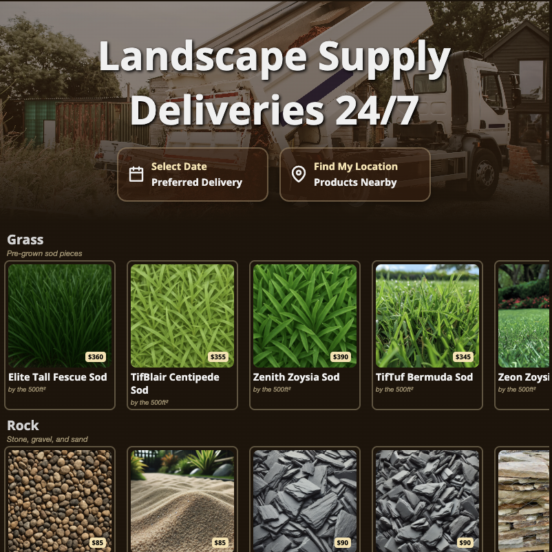 Landscape Supply home screen showing delivery scheduling shortcuts and product categories for grass and rock.